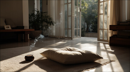 A serene sunlit room with a cushion and drifting incense