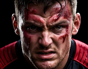 Bloody Face of Aggressive Rugby Player