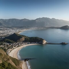 Obraz premium Panoramic View of Coastal Town Nestled in a Bay with Mountain Background