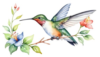 Watercolor Hummingbird on Branch with Flowers