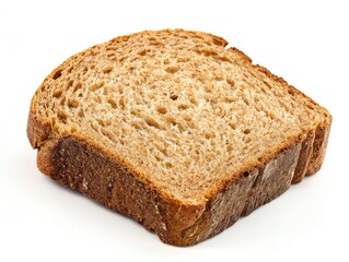 Close-up of a slice of whole-grain bread.  A single slice of rustic, dark brown bread, showcasing a slightly uneven texture.  The inside shows a dense, slightly porous crumb