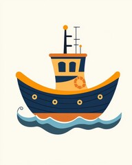 A charming flat art style illustration depicts an eco-friendly cargo ship sailing on calm ocean waves symbolizing sustainable and responsible maritime transportation and