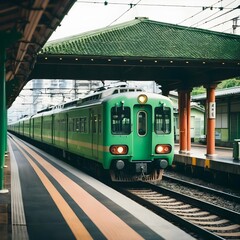 Fototapeta premium Green Train Arriving at Station