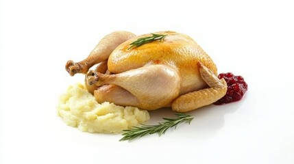 Golden Brown Roasted Chicken Served with Creamy Mashed Potatoes and Tart Cranberry Sauce