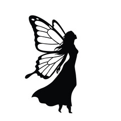 Butterfly woman silhouette. A woman with butterfly wings in an elegant pose and flowing dress, radiating beauty and charm. Vector clipart black illustration design.