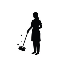 Cleaning lady silhouette. A woman is depicted sweeping with a broom, with sparkles indicating cleanliness. Vector clipart black illustration design.