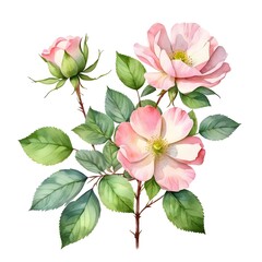 Watercolor Pink Dog Rose Flowers