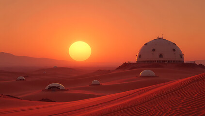 Obraz premium Sandy Desert with Dome Habitat Silhouetted by Sunset