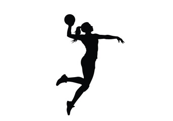 Female volleyball silhouette. A female volleyball player is mid-air, preparing to spike the ball with power and grace. Vector clipart black illustration design.