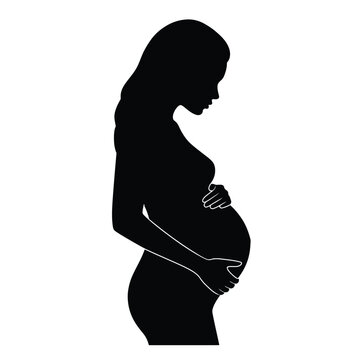 recommend clip art: Pregnant lady silhouette. A graceful depiction of a pregnant woman in profile, holding her belly, symbolizing motherhood and nurturing. Vector clipart black illustration design.