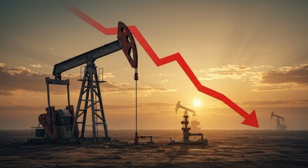 Fototapeta premium Falling Production Graphic Over Oil Pumps at Sunset