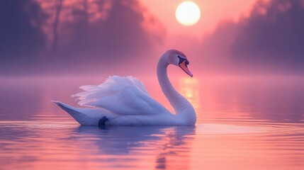 Fototapeta premium Serene swan gliding on tranquil water at sunset, surrounded by misty trees and soft colors