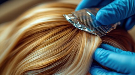 Hair coloring process.  Sections of blonde hair are being treated with a highlighting technique