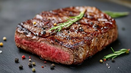 A beautifully presented dish of grilled steak topped with herbs and cherry tomatoes, showcasing a delicious and appetizing meal.