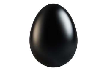 Glossy black egg with smooth reflective surface isolated on white transparent background. Symbol of mystery, luxury, and uniqueness