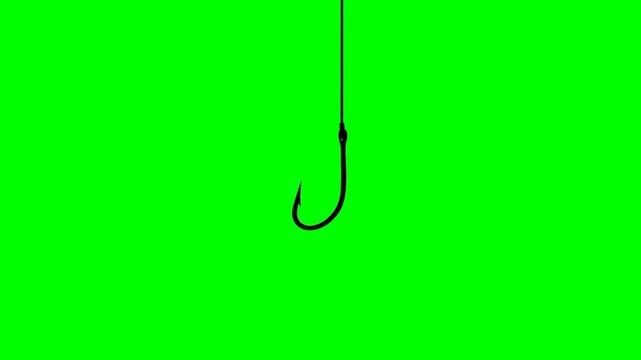 Green screen animation of fishing hook moving down with a rope. Concept animation of catching fish in the sea. The lowered fishing hook is black.