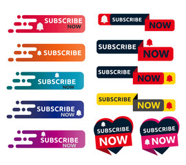 Fototapeta premium Subscribe buttons. Video channel interacting UI element with different design template, subscription logo design. Vector illustration online education subscriber and social media icon subscribing9.ai