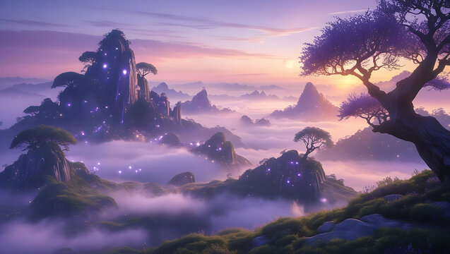 Enchanting Mountain Landscape at Dawn with Mystic Lights