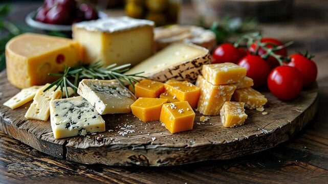 Assorted cheeses with cherry tomatoes and rosemary on a rustic wooden board. Gourmet food concept. Design for cheese platter menu, culinary guide.