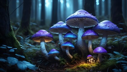 Fototapeta premium Enchanting Glowing Mushrooms in a Dark Forest
