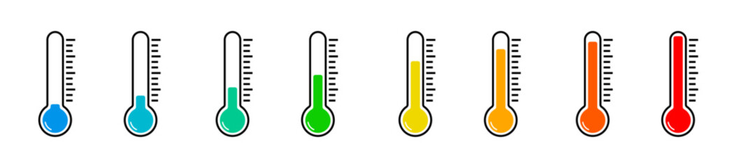 thermometers measuring. thermometer with yellow blue red scale, climate control, weather change, flat vector bicolor icon, weather icon. Temperature thermometer icon collection on white background.