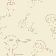 Editable Seamless Pattern of Outline Style Pouring and Filtering Indian Masala Chai into Pottery Cup Vector Illustration for Creating Background of Beverages With South Asian Culture and Tradition
