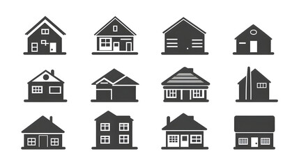 Fototapeta premium Black vector house icons set, architectural building symbols