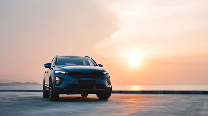 Blue suv car parked at sunset with ocean view for automotive and travel enthusiasts and car buyers