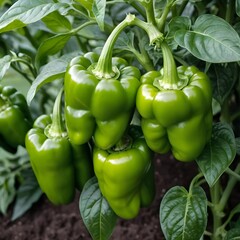 Fresh Green Bell Peppers Growing on the Vine