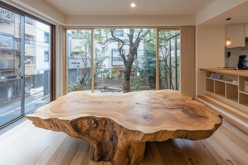 A massive wooden table dominates a bright modern interior space