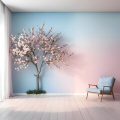 Serene Pastel Room with Cherry Blossom Tree and Armchair