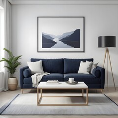 Modern Living Room Interior with Blue Velvet Sofa and Landscape Artwork