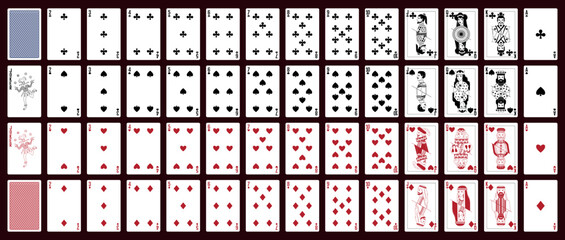Poker set with isolated cards. Poker playing cards, full deck