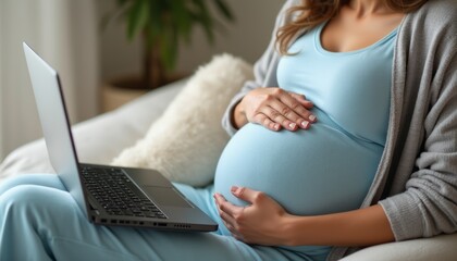 A serene scene captures a pregnant woman in soft blue attire, lovingly cradling her baby bump as she engages with her laptop. This intimate moment reflects the balance of motherhood and modern life