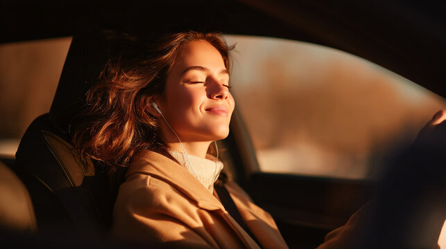 Woman driving car listening to music enjoying sunshine happy mood road trip travel lifestyle positive vibes