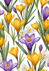 Seamless Pattern of Spring Crocuses