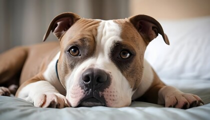 Adorable American Staffordshire Terrier Puppy Relaxing on Bed