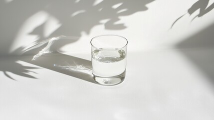 A glass of water on a white surface.