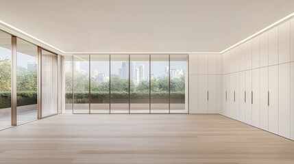 Obraz premium A modern, minimalist living room with a city view.