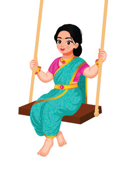 Happy Indian Woman Enjoy On Swing Vector Illustration (Royalty Free)