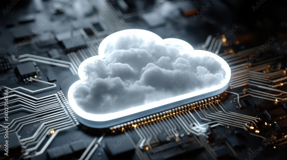 Poster cloud computing over circuitry, a visual representation of digital transformation in modern technolo