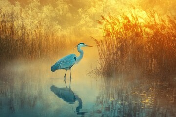 Naklejka premium A blue heron wades through the calm waters of an iridescent marsh