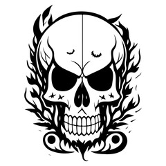 Monochrome Graphic Skull Enshrouded in Floral Design