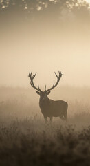Naklejka premium Silhouette of a deer stag standing alert in heavy morning mist, creating a moody scene. Atmospheric wildlife vertical background.