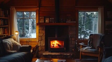 Cozy cabin interior featuring fireplace and snowy outdoor scenery
