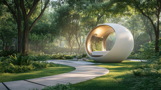 g. Sleek meditation pod offering biometric feedback, surrounded by green space, gentle sunlight creating tranquil vibes 