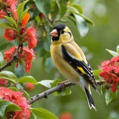 Fototapeta premium Goldfinch on Flowering Branch