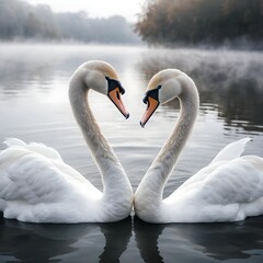 Fototapeta premium Two Swans Forming a Heart Shape on a Misty Lake