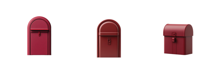 Three red mailboxes in a row with unique designs and lock mechanisms
