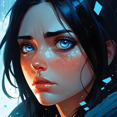Portrait of a Sad Young Woman with Blue Eyes